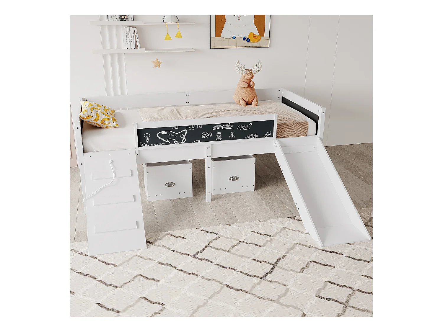 Lit mezzanine en bois de pin - 90x200cm - avec de rangement + échelle + toboggan - avec sommier à lattes - Blanc