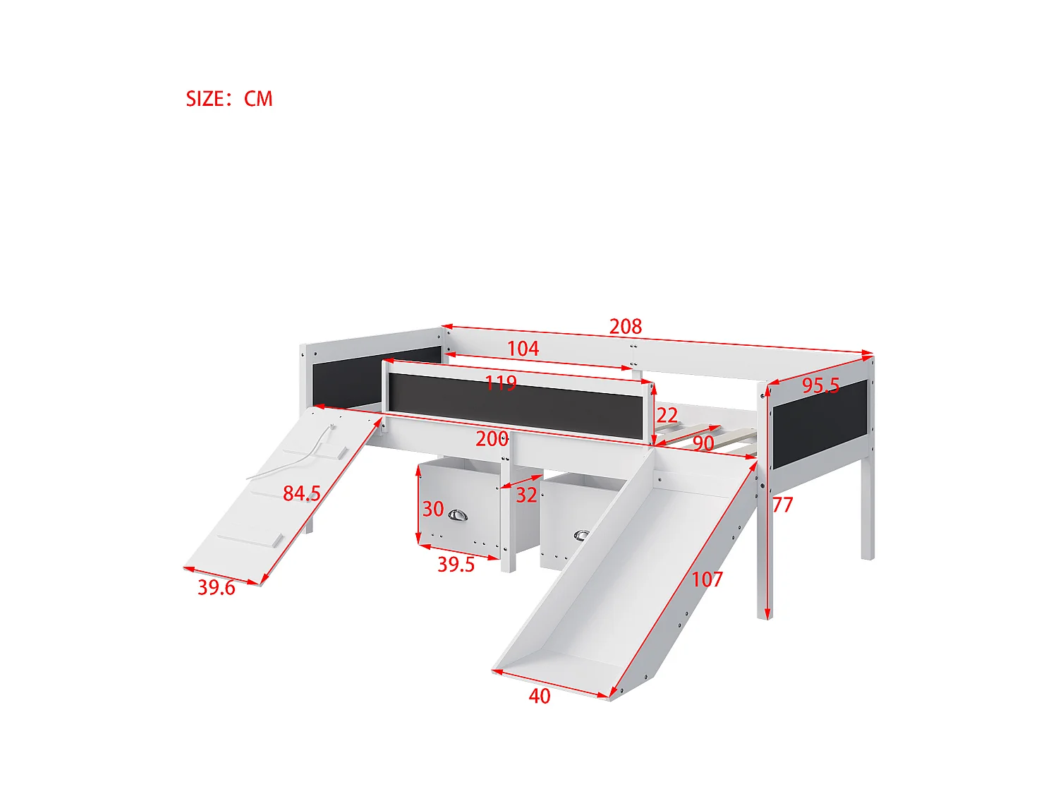 Lit mezzanine en bois de pin - 90x200cm - avec de rangement + échelle + toboggan - avec sommier à lattes - Blanc