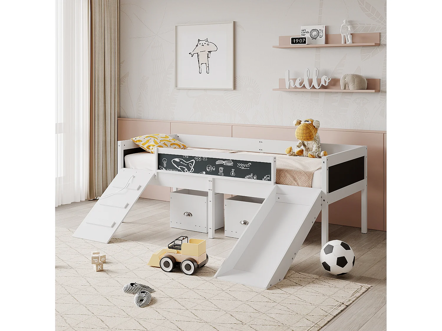 Hoogslaper van grenenhout - 90x200cm - met opbergruimte + ladder + glijbaan - met lattenbodem - Wit