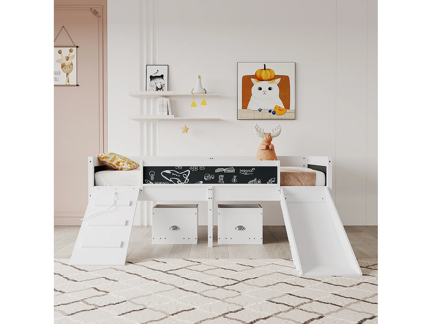 Hoogslaper van grenenhout - 90x200cm - met opbergruimte + ladder + glijbaan - met lattenbodem - Wit