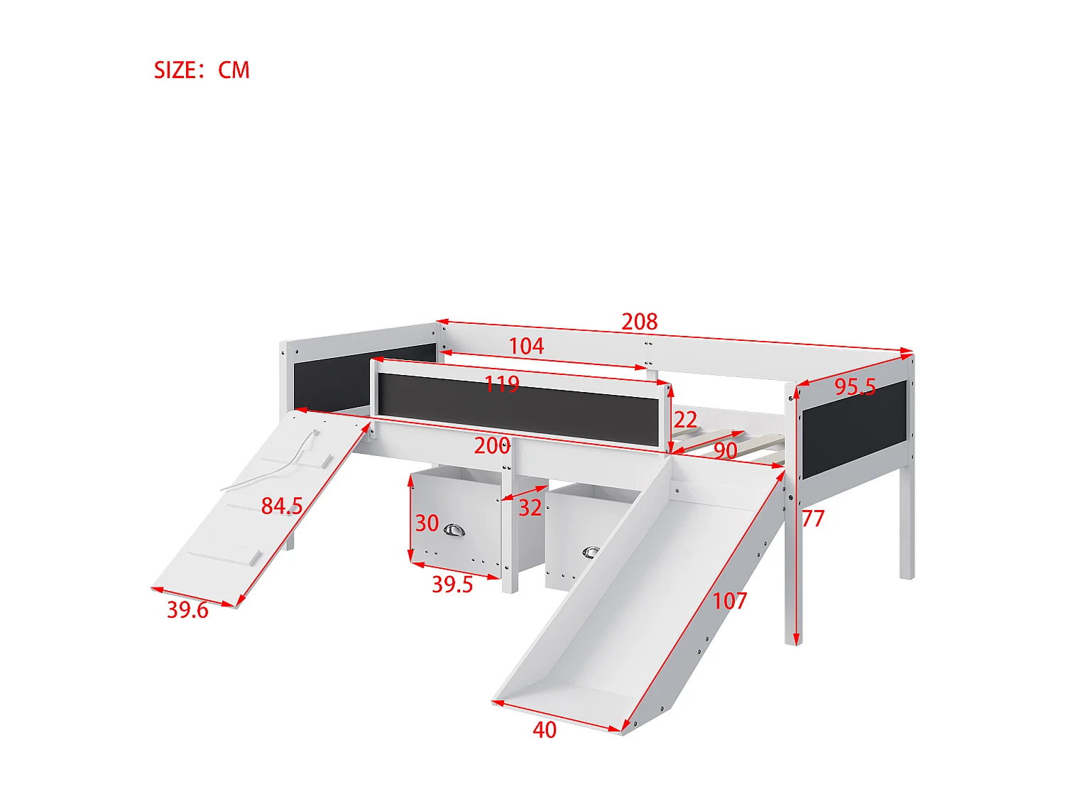 Hoogslaper van grenenhout - 90x200cm - met opbergruimte + ladder + glijbaan - met lattenbodem - Wit