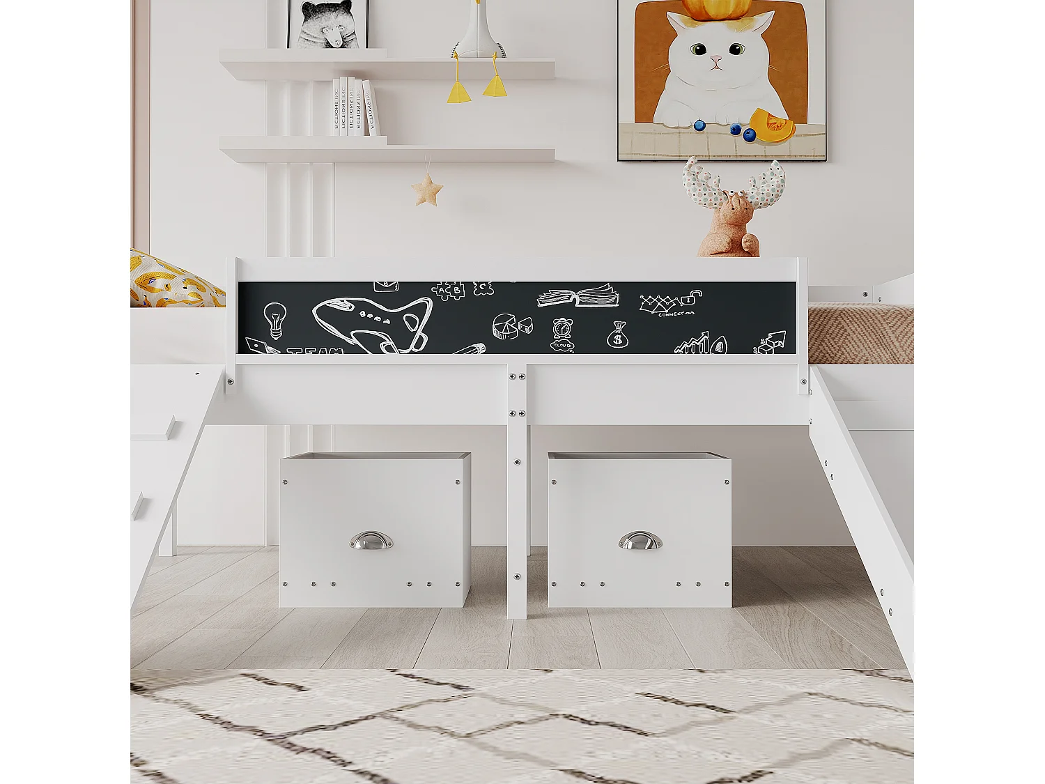 Hoogslaper van grenenhout - 90x200cm - met opbergruimte + ladder + glijbaan - met lattenbodem - Wit