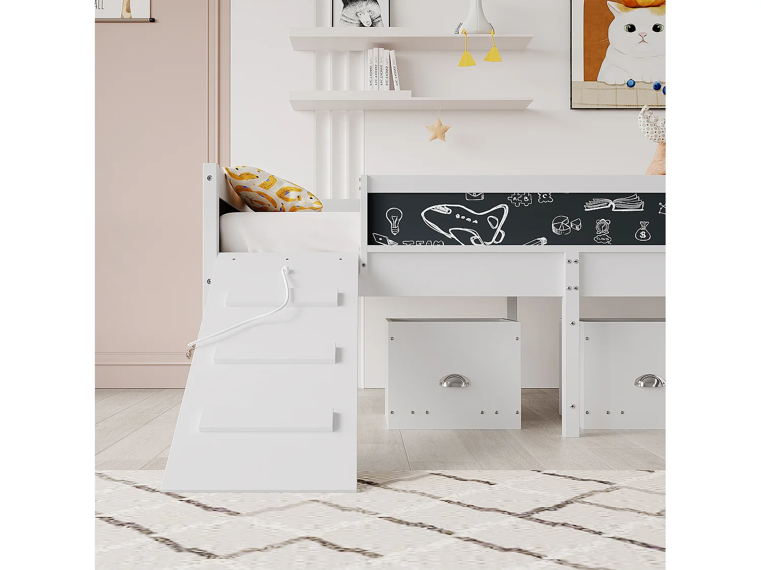 Hoogslaper van grenenhout - 90x200cm - met opbergruimte + ladder + glijbaan - met lattenbodem - Wit
