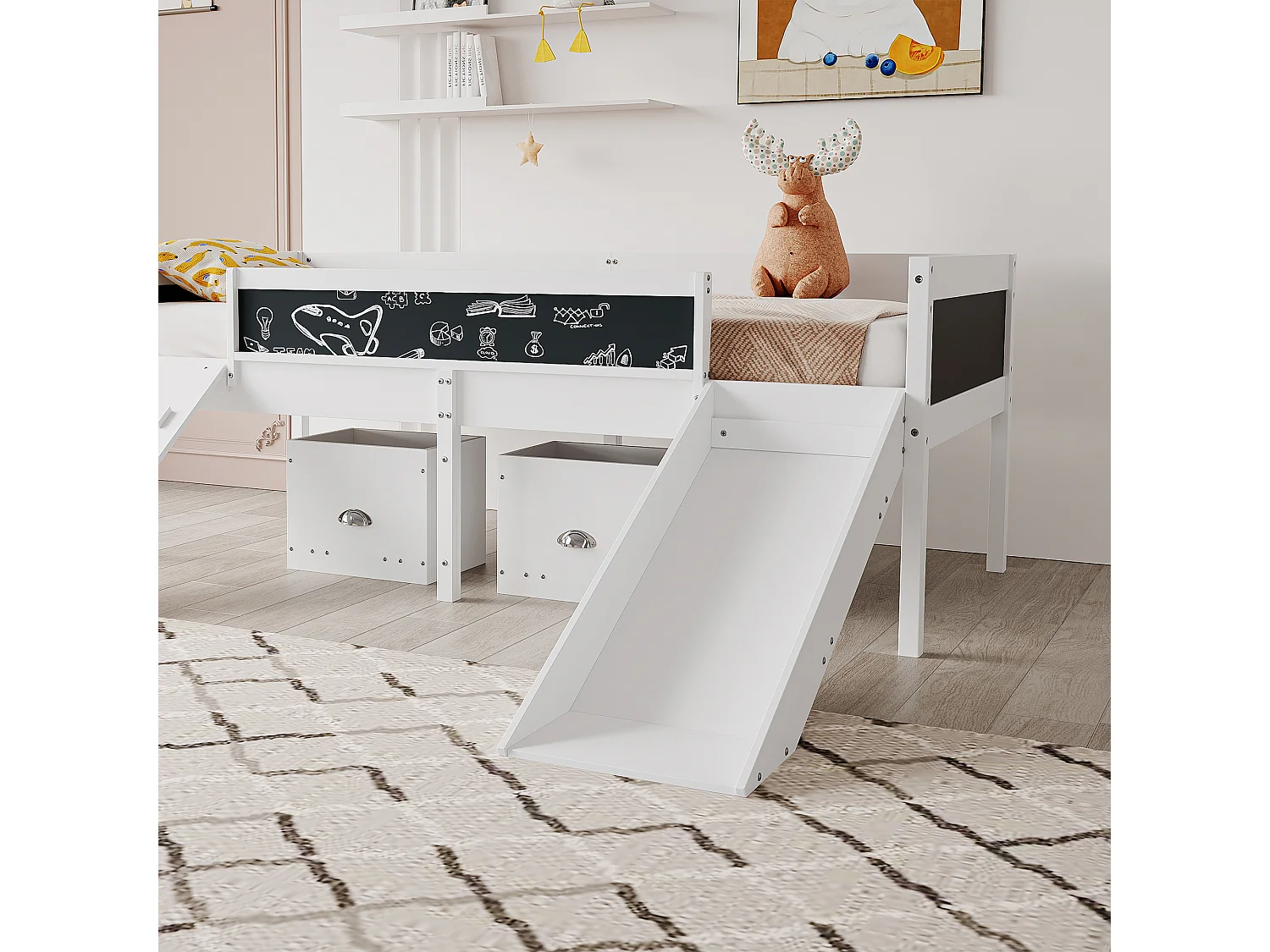 Hoogslaper van grenenhout - 90x200cm - met opbergruimte + ladder + glijbaan - met lattenbodem - Wit