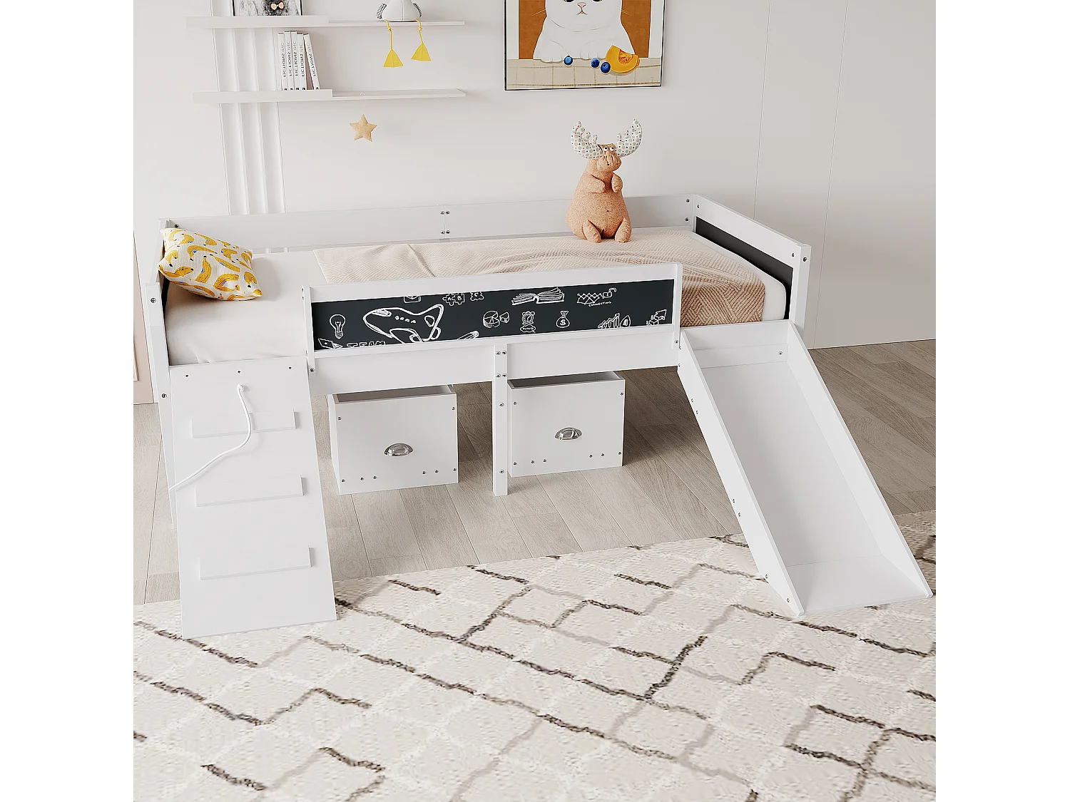 Hoogslaper van grenenhout - 90x200cm - met opbergruimte + ladder + glijbaan - met lattenbodem - Wit