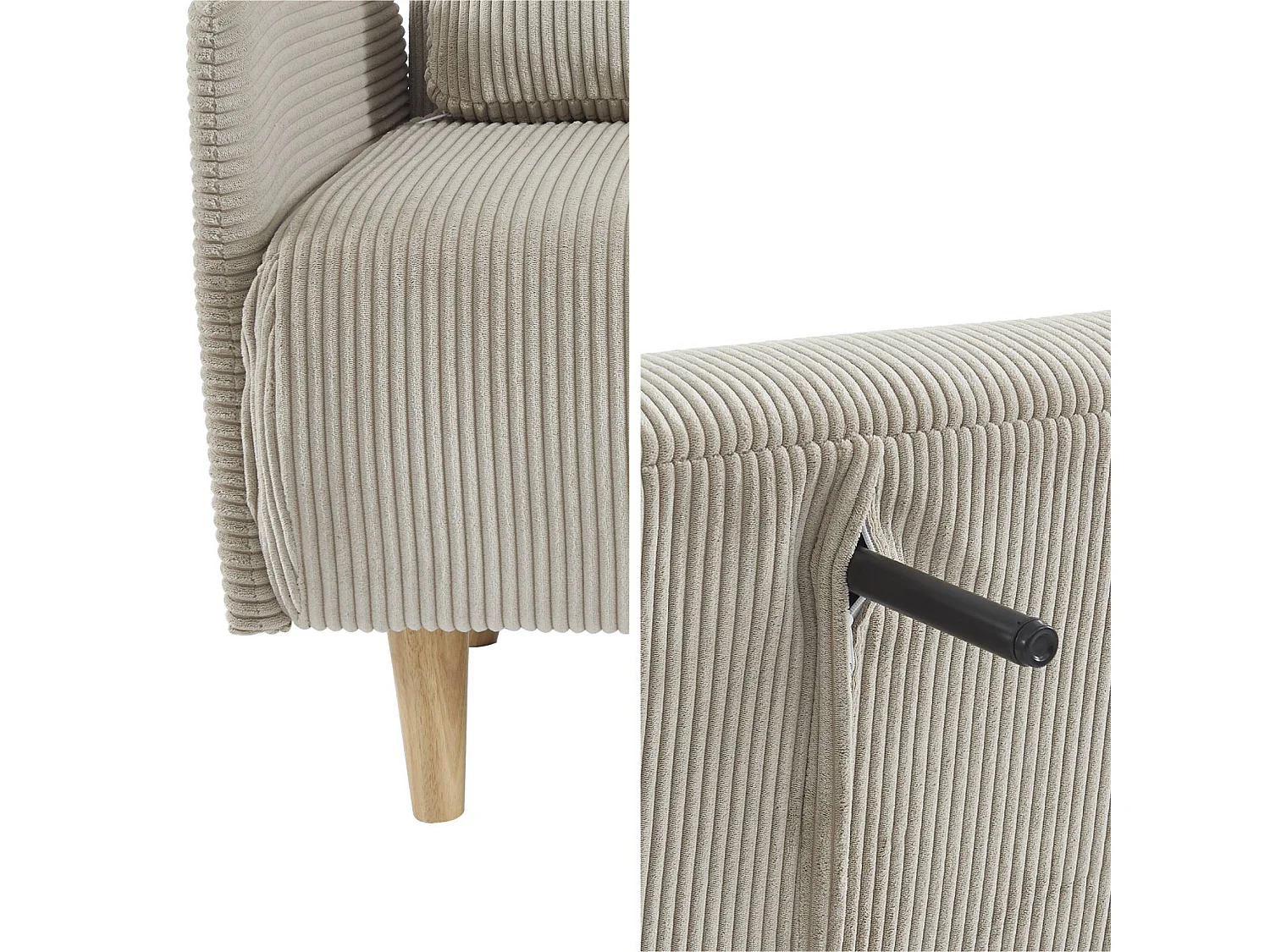 Canapé convertible en velours côtelé - Panam - 2 places scandinave. pieds bois. beige/greige. banquette. dossier inclinable