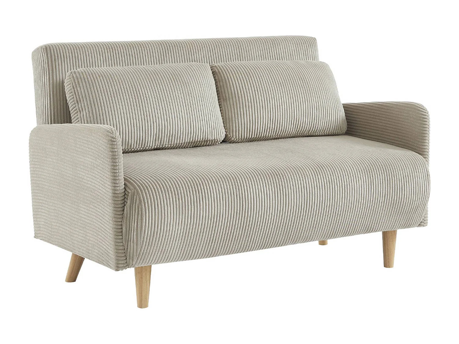 Divano letto a 2 posti in velluto a coste con gambe in legno, beige