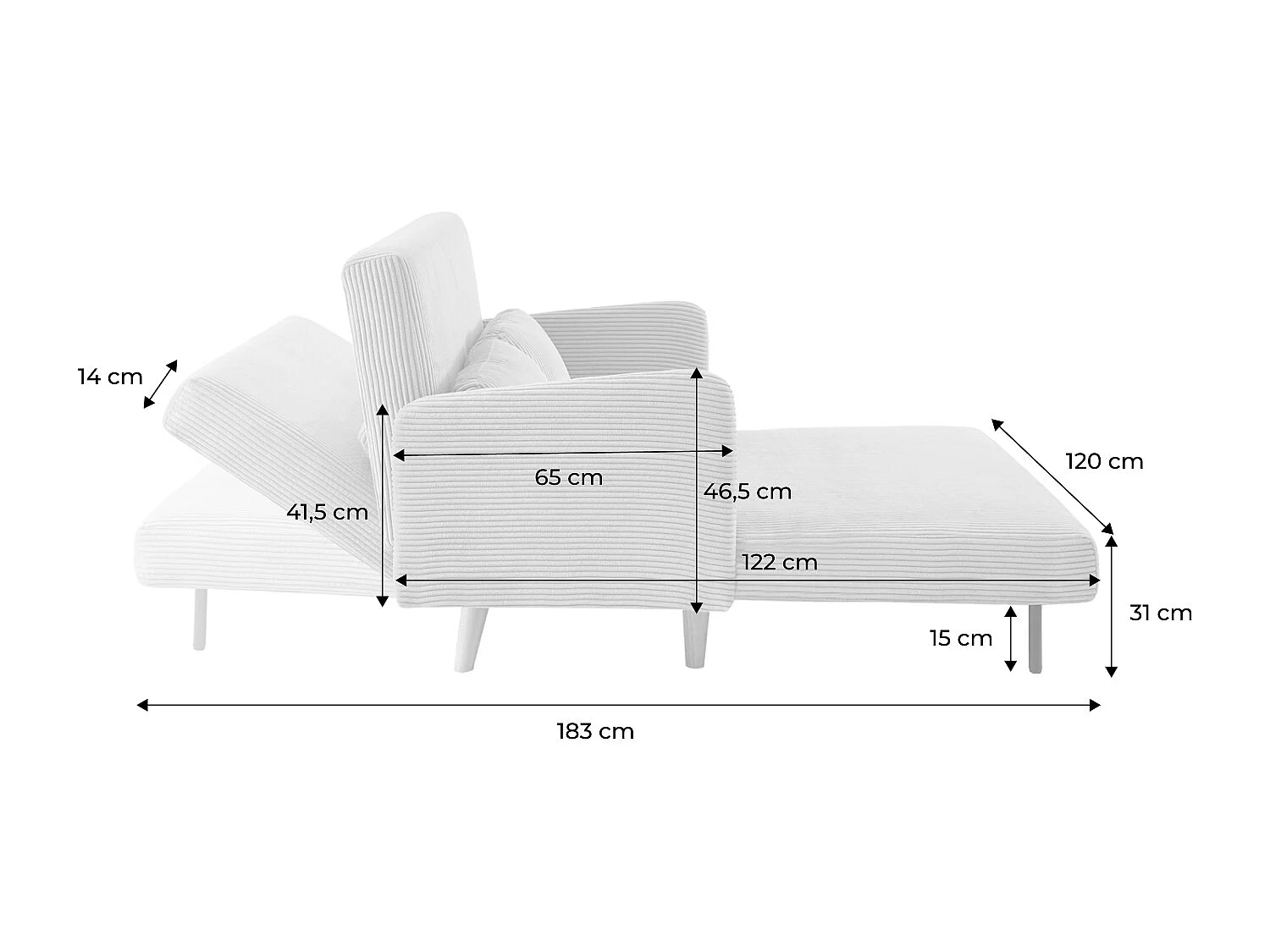 Divano letto a 2 posti in velluto a coste con gambe in legno, beige
