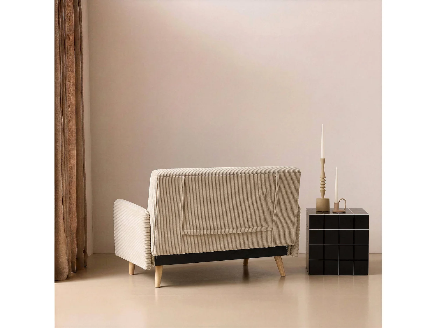 Sofá cama de pana con patas de madera,  2 plazas beige