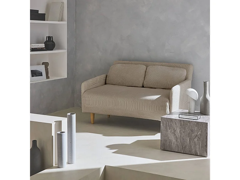 Sofá cama de pana de 2 plazas con patas de madera beige