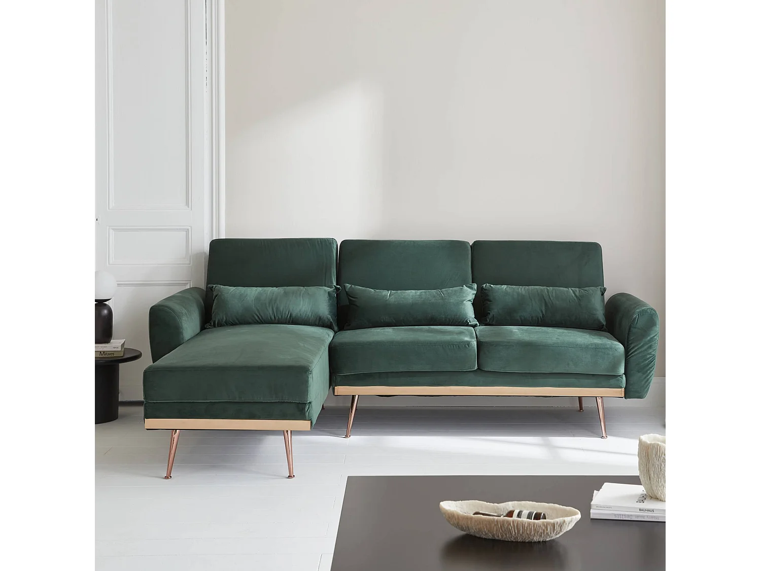 Sofá esquinero convertible reversible de 3 plazas de terciopelo verde