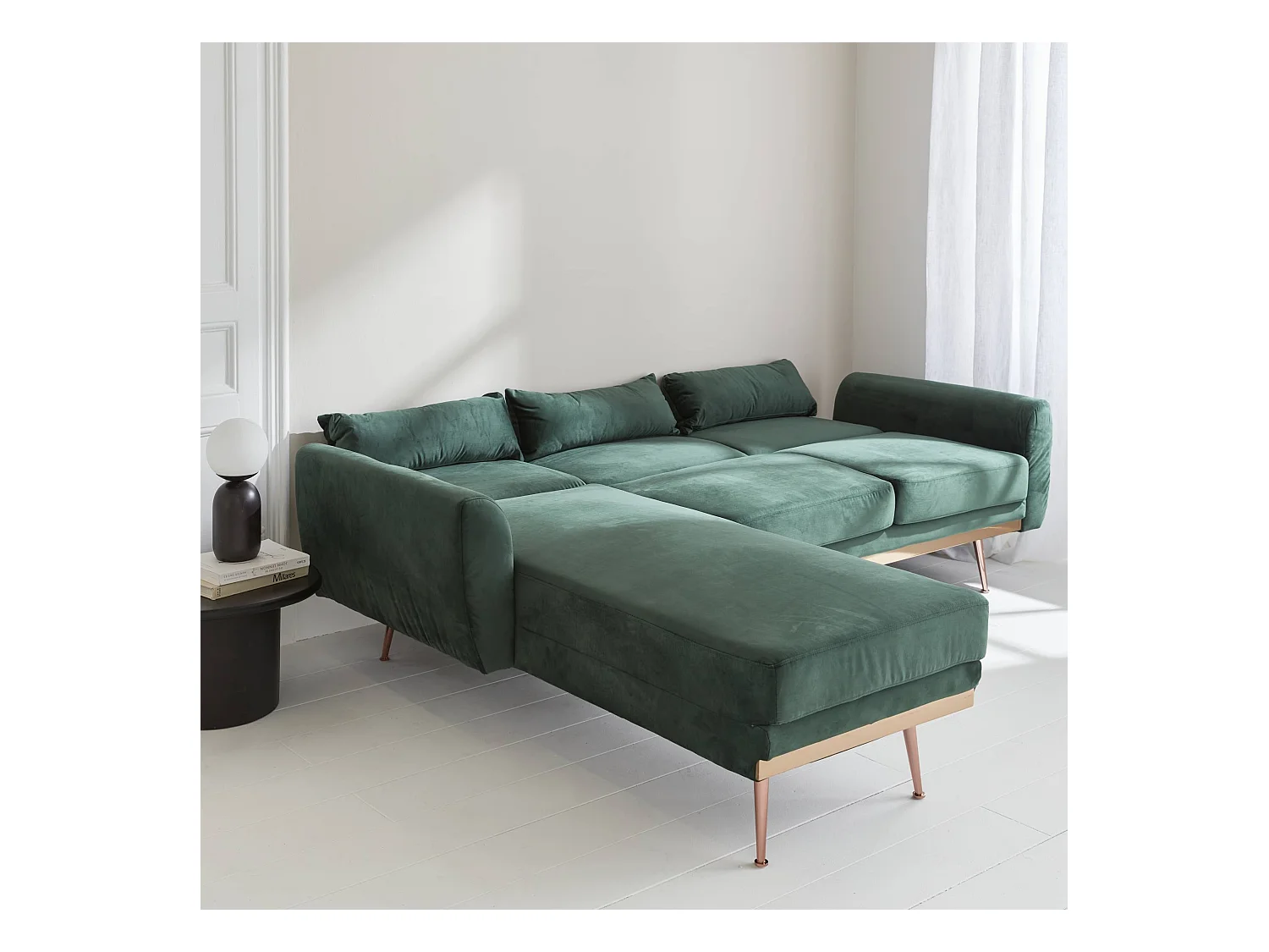 Sofá esquinero convertible reversible de 3 plazas de terciopelo verde