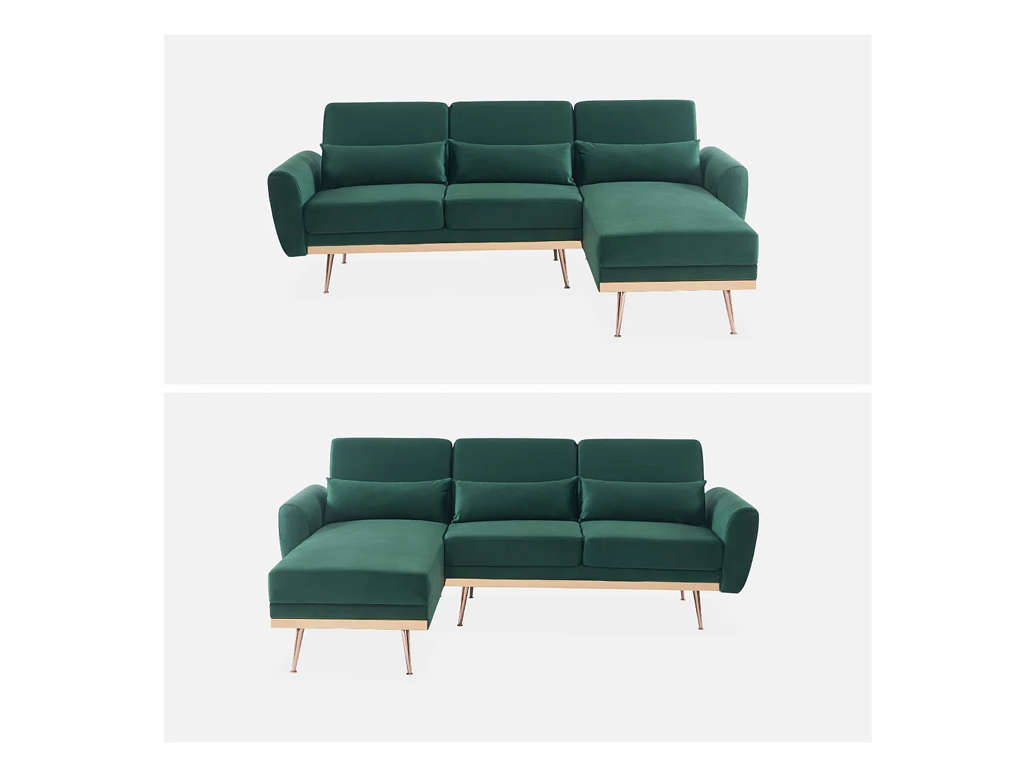 Sofá esquinero convertible reversible de 3 plazas de terciopelo verde