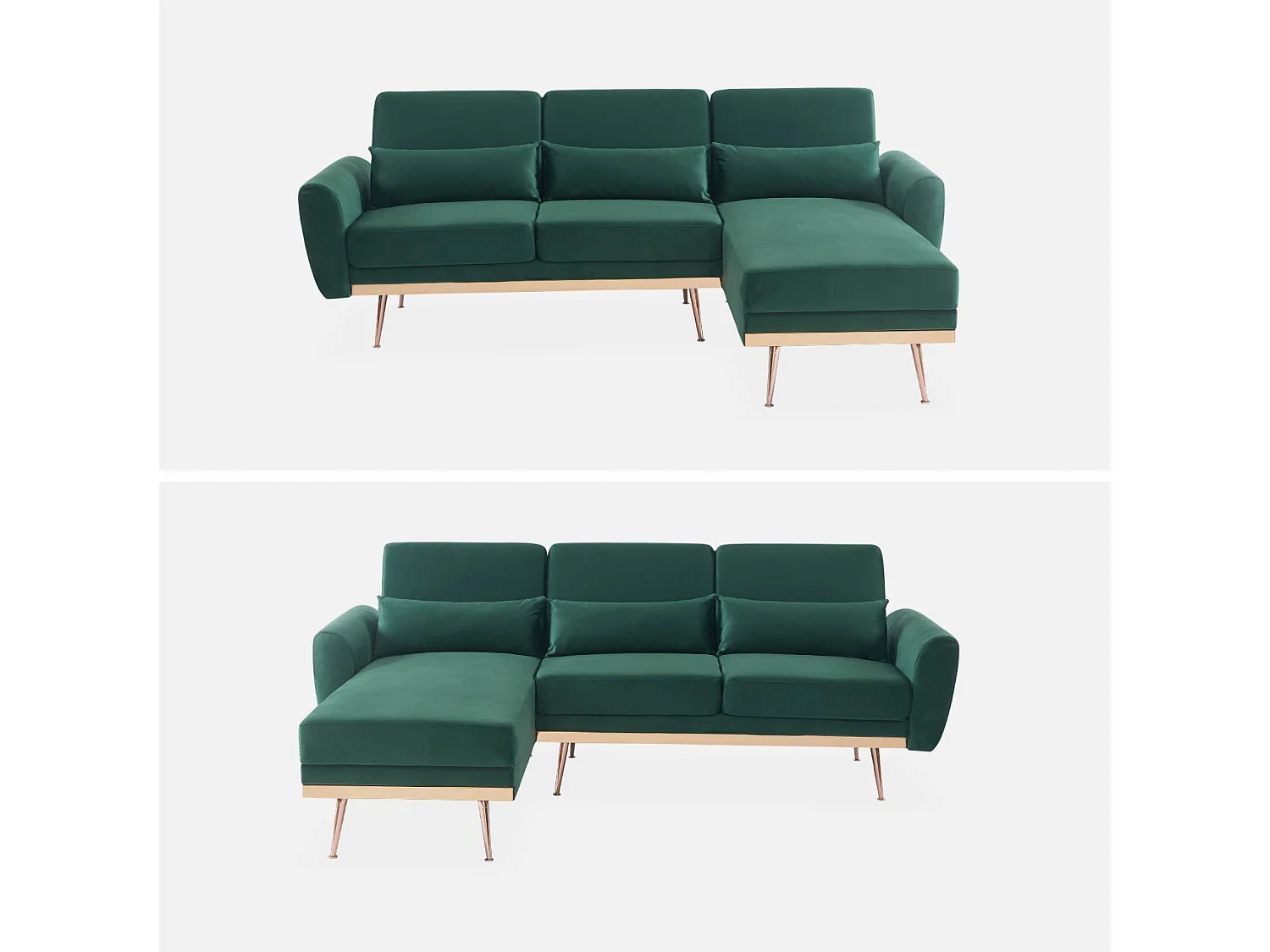 Sofá esquinero convertible reversible de 3 plazas de terciopelo verde