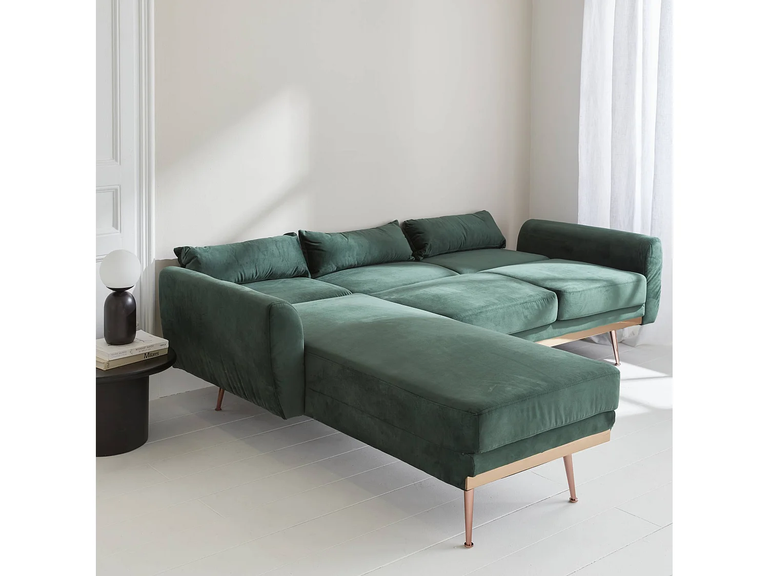 Sofá esquinero convertible reversible de 3 plazas de terciopelo verde