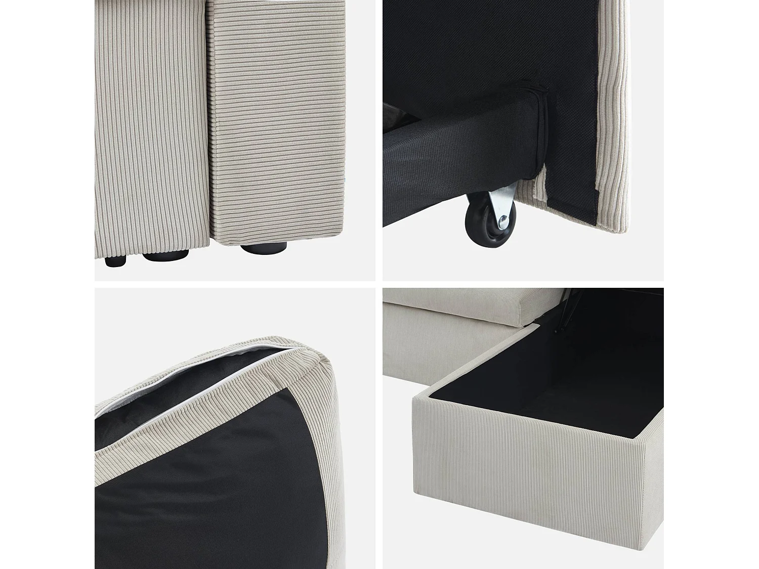 Canapé d'angle convertible en velours côtelé grège - IDA - 3 places. fauteuil d'angle réversible coffre rangement lit modulable