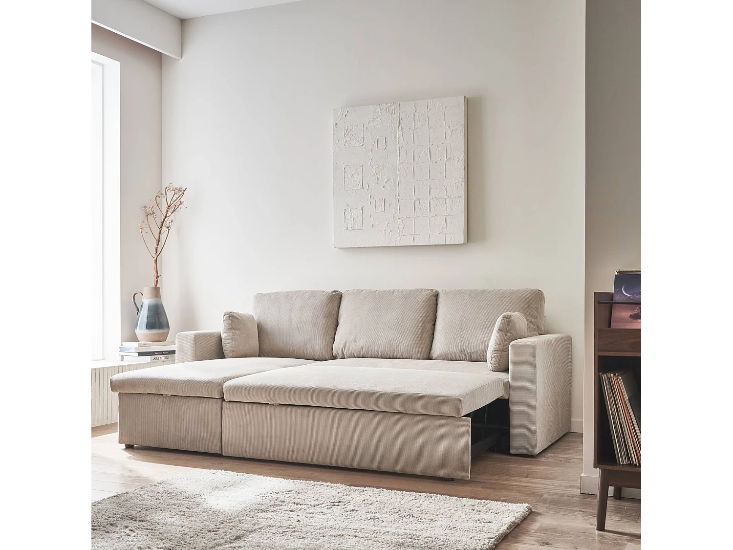 Canapé d'angle convertible en velours côtelé grège - IDA - 3 places. fauteuil d'angle réversible coffre rangement lit modulable