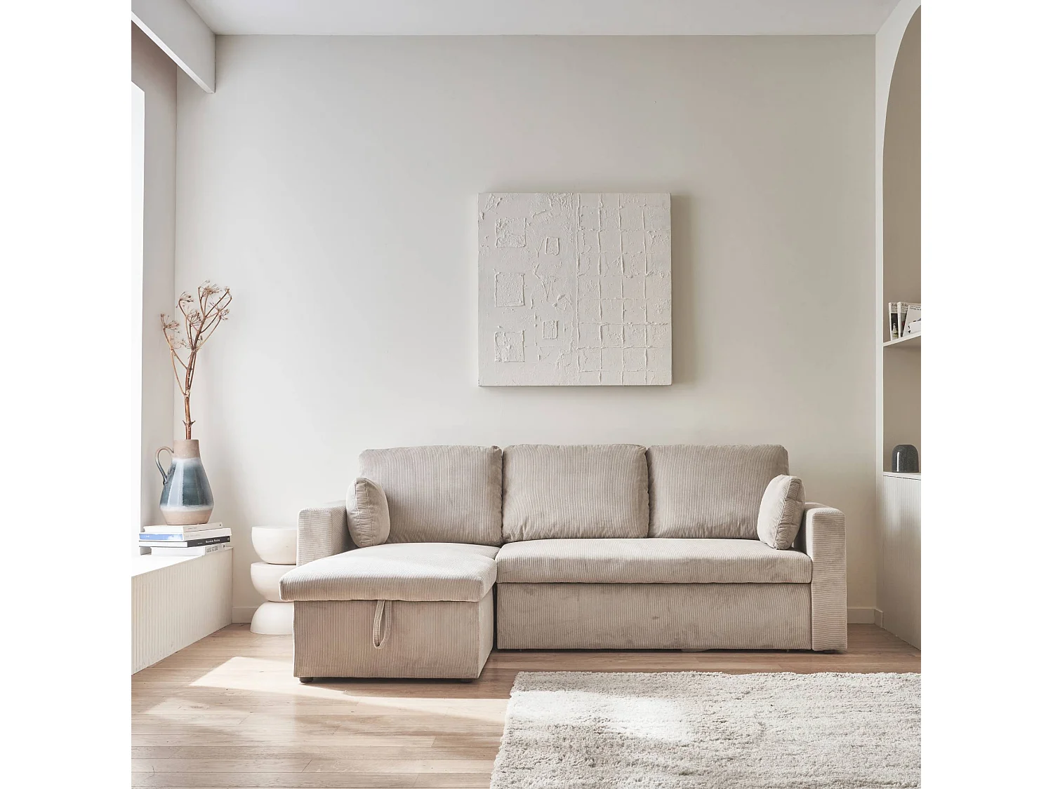 Divano letto angolare reversibile in velluto a coste a 3 posti, grigio