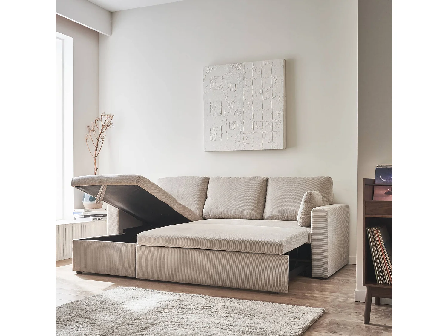 Divano letto angolare reversibile in velluto a coste, 3 posti, beige