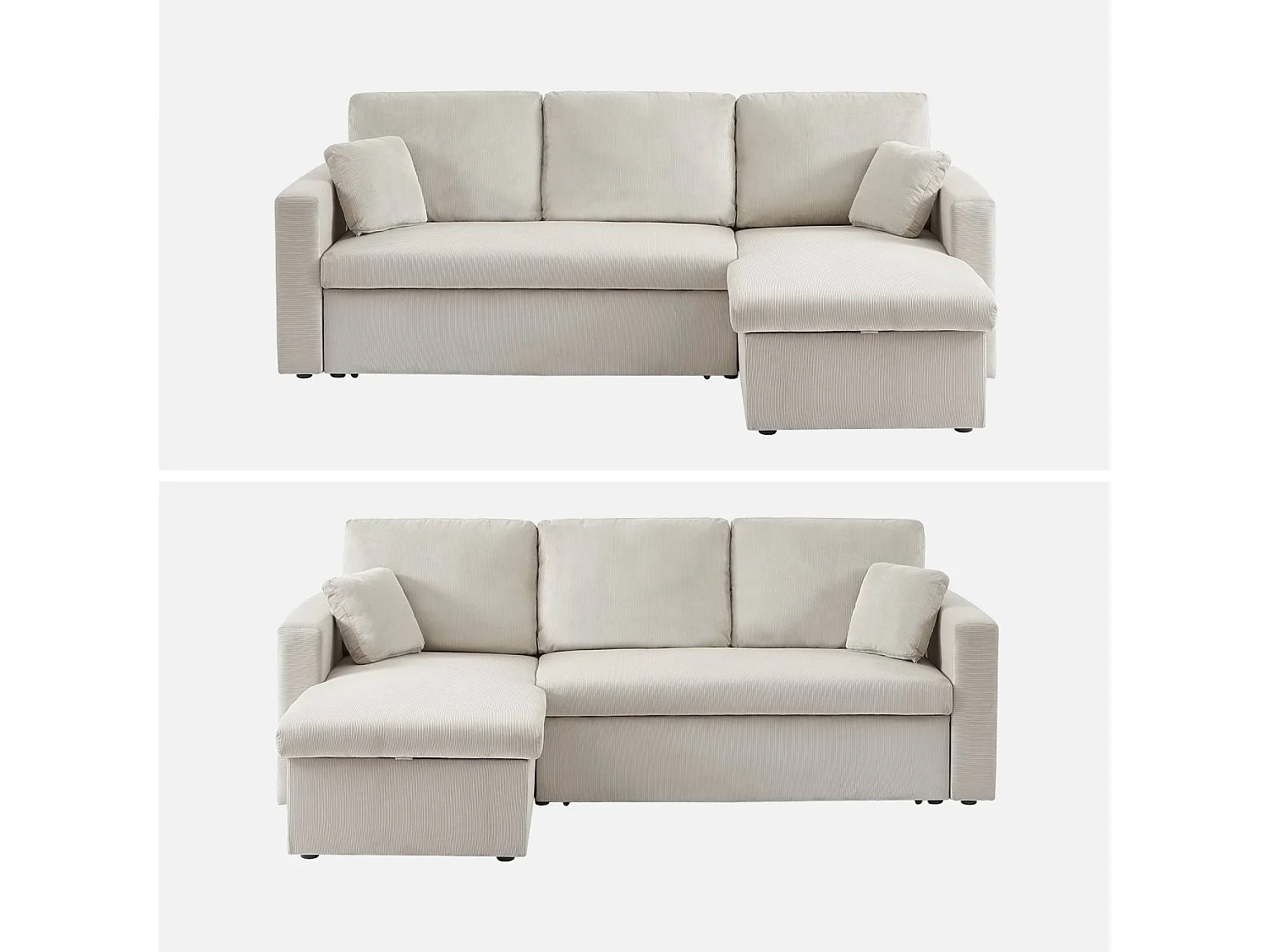 Divano letto angolare reversibile in velluto a coste, 3 posti, beige