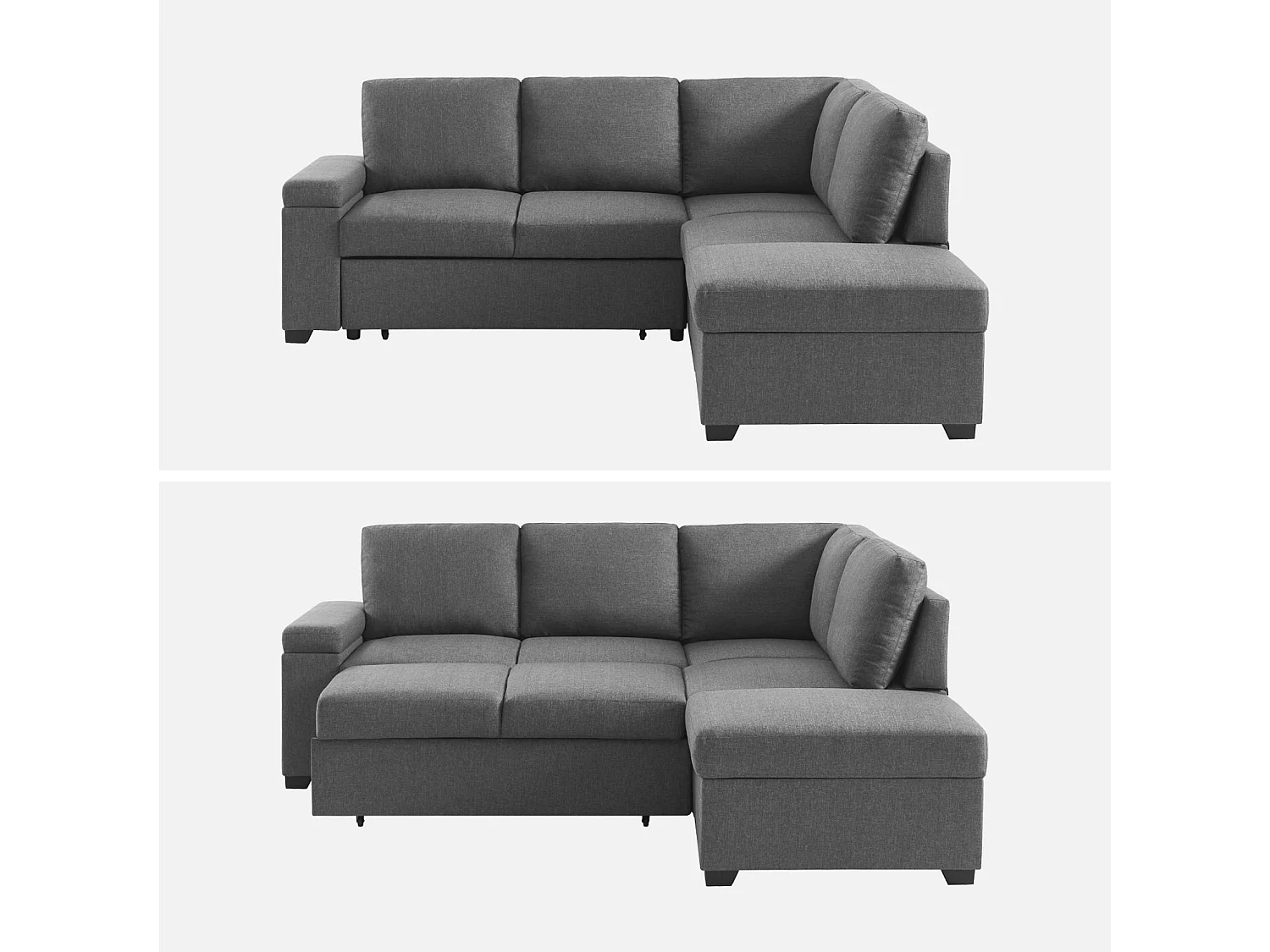 Canapé d'angle convertible. 3 places en tissu gris foncé avec pouf