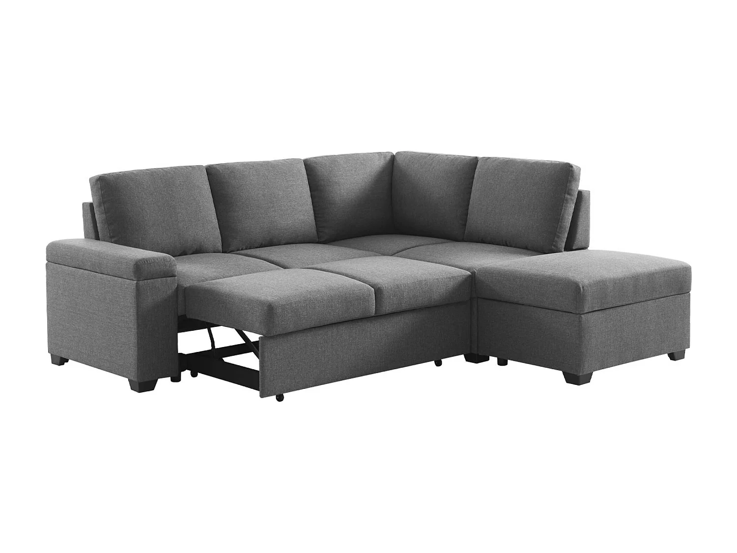 Canapé d'angle convertible. 3 places en tissu gris foncé avec pouf
