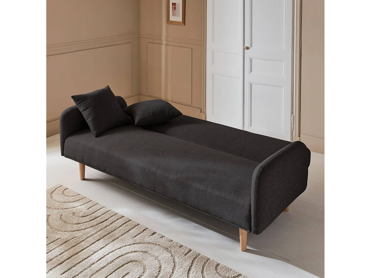 Sofá cama de 2-3 plazas de tela, patas de madera de hevea gris oscuro