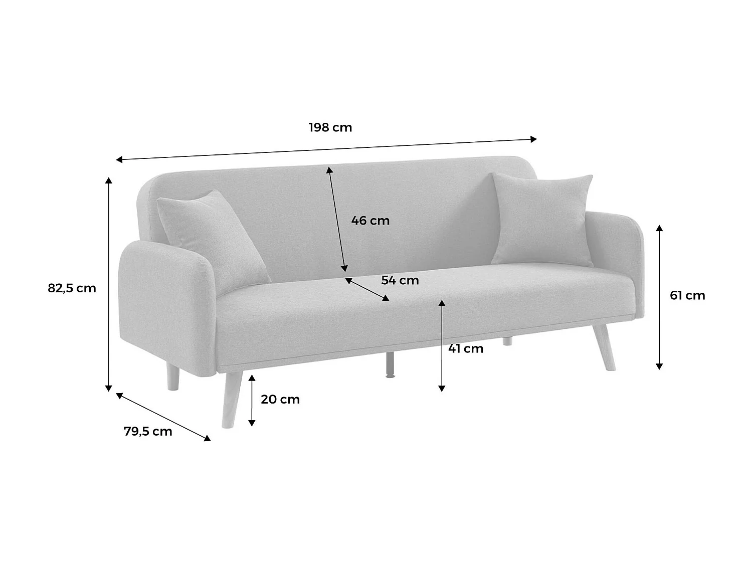 Sofá cama de 2-3 plazas de tela, patas de madera de hevea gris oscuro