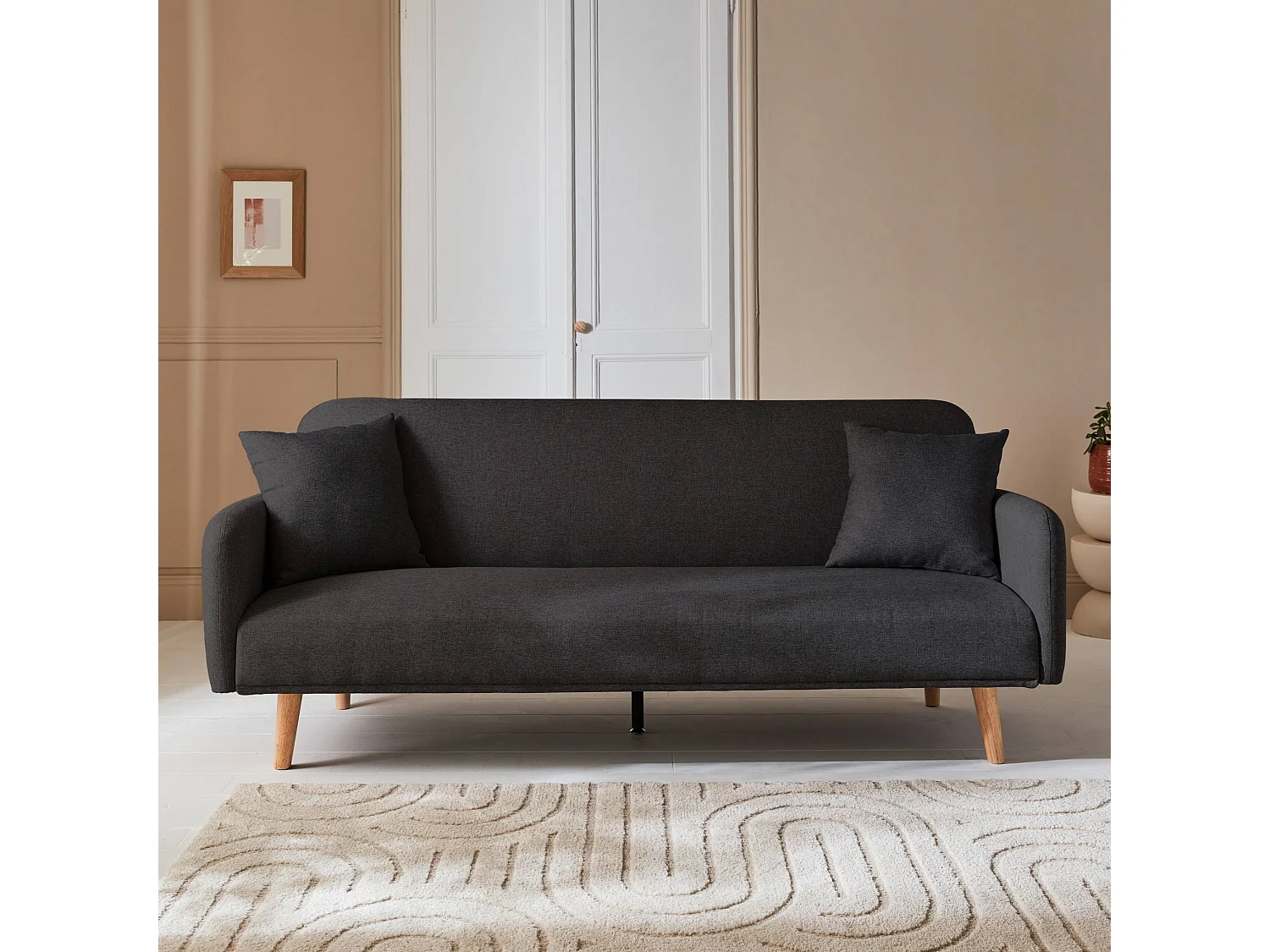 Sofá cama de 2-3 plazas de tela, patas de madera de hevea gris oscuro