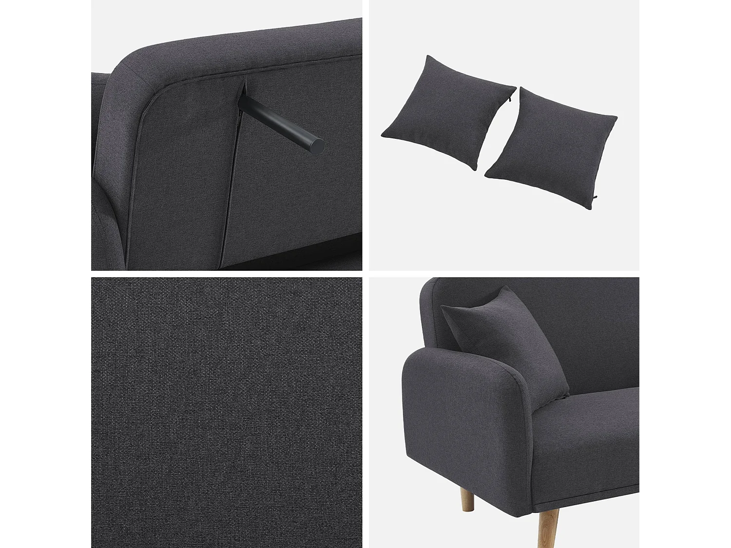 Sofá cama de 2-3 plazas de tela, patas de madera de hevea gris oscuro