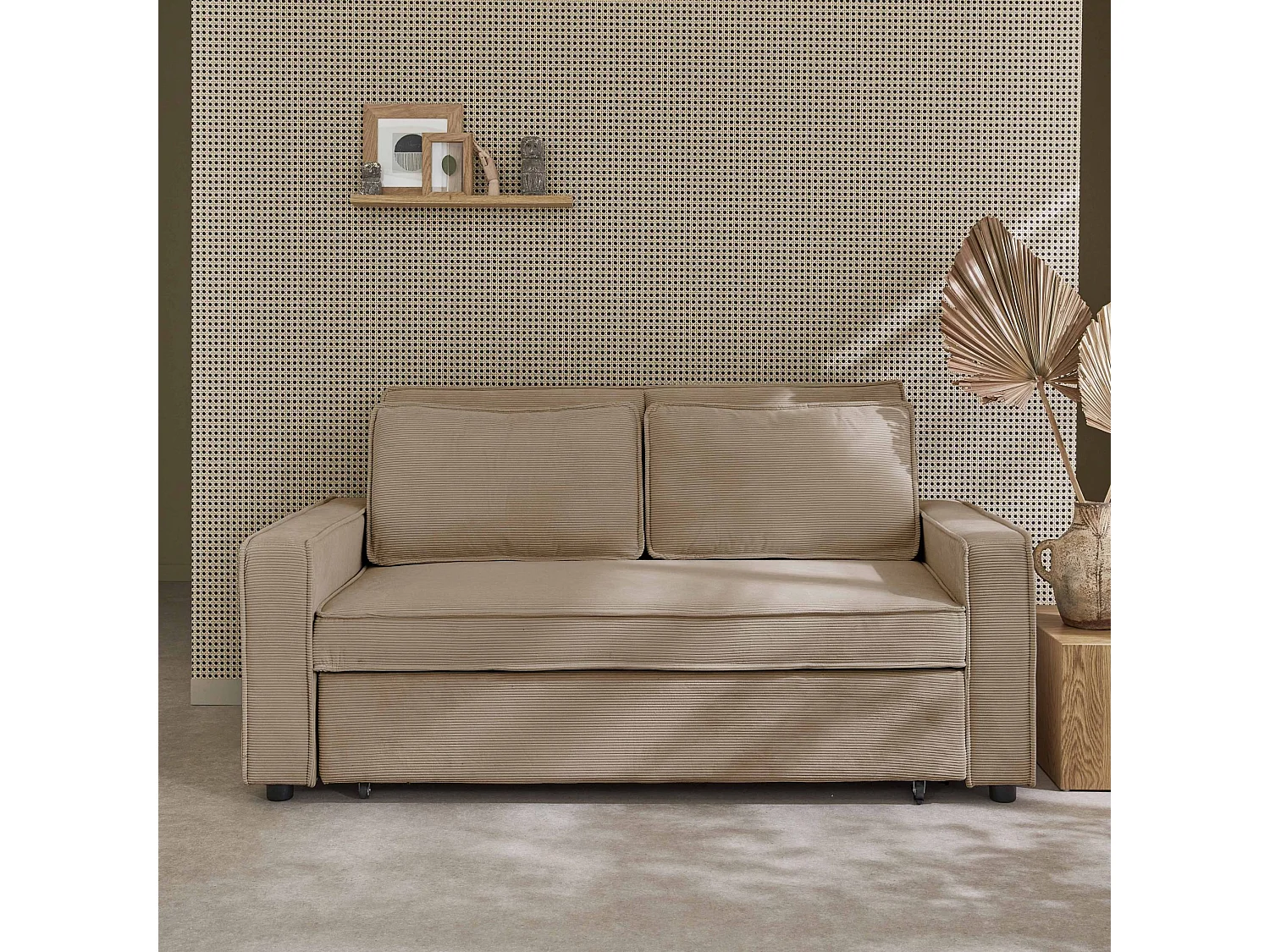 Divano letto a 3 posti in velluto a coste, beige
