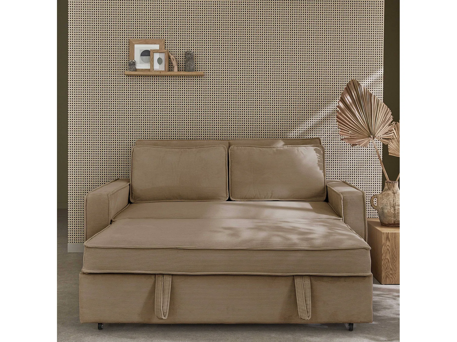 Divano letto a 3 posti in velluto a coste, beige