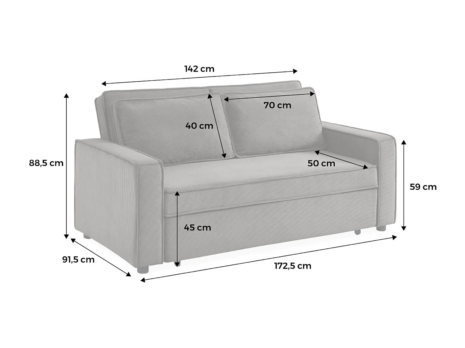 Divano letto a 3 posti in velluto a coste, beige