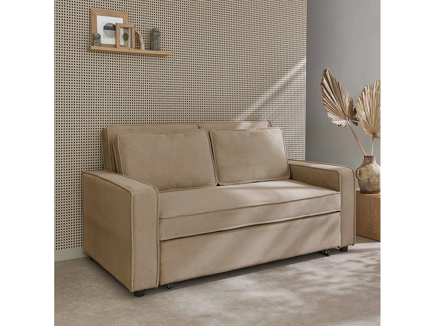 Divano letto a 3 posti in velluto a coste, beige