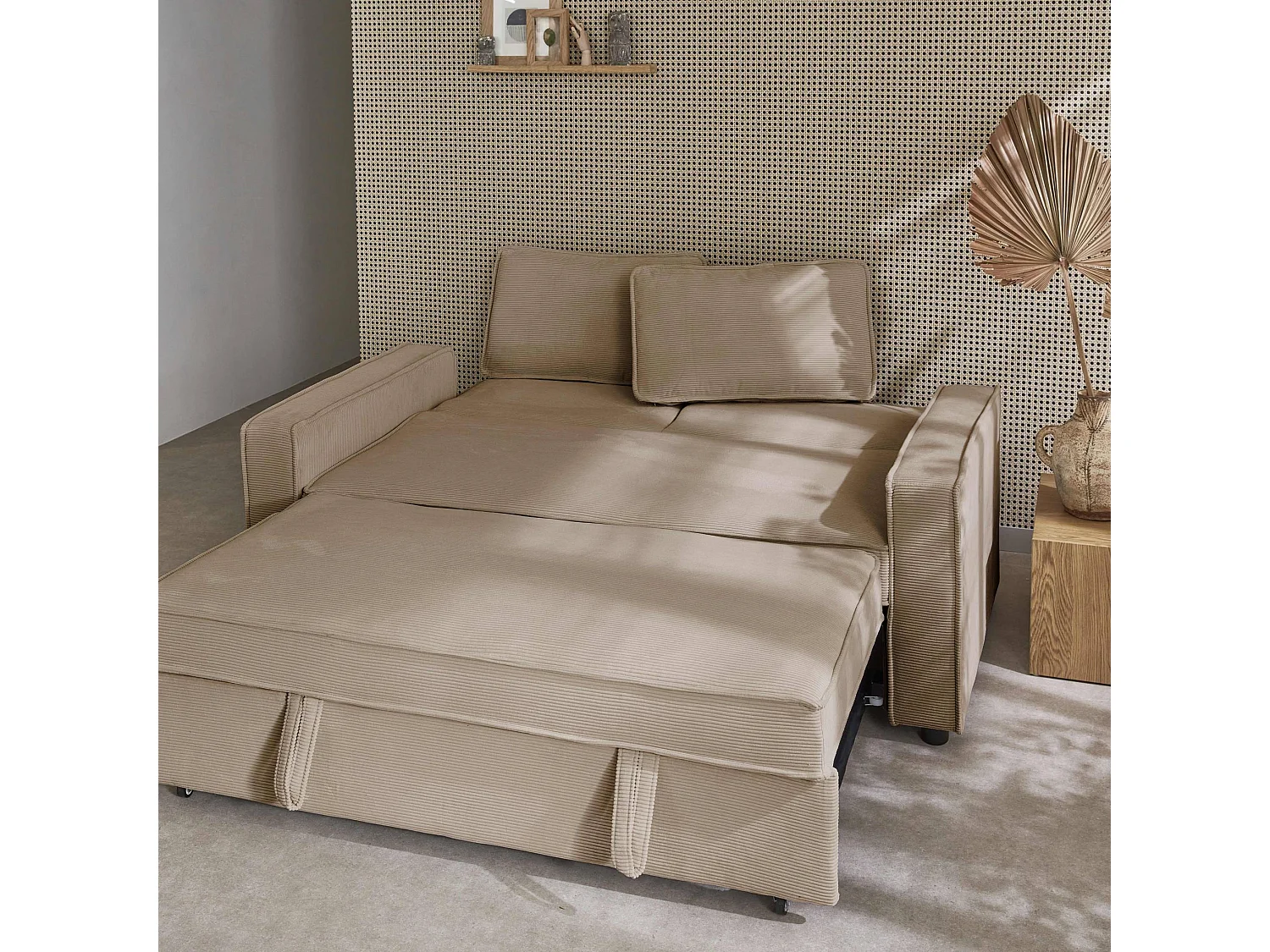 Divano letto a 3 posti in velluto a coste, beige