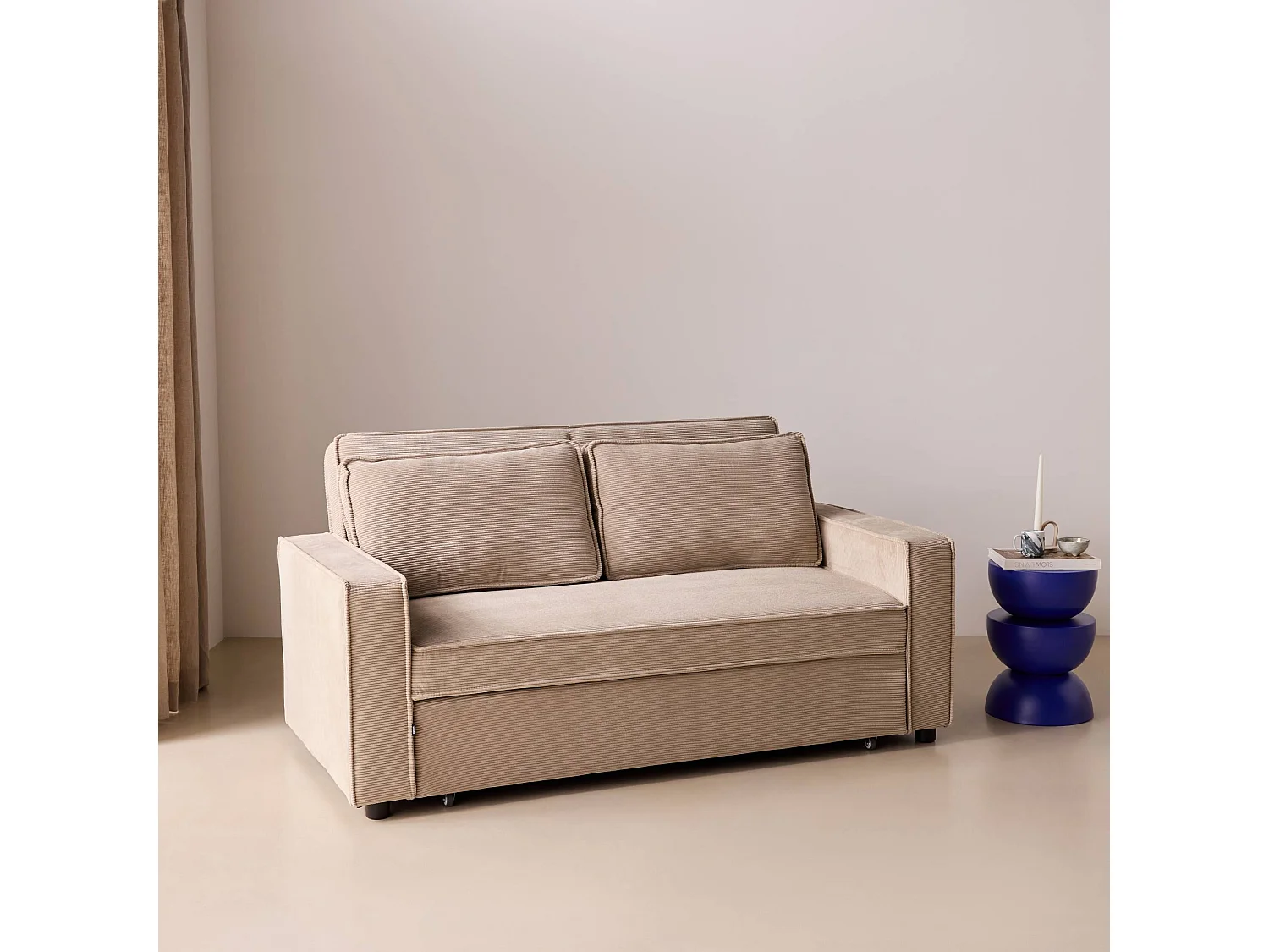Sofá cama de pana, 2 plazas beige