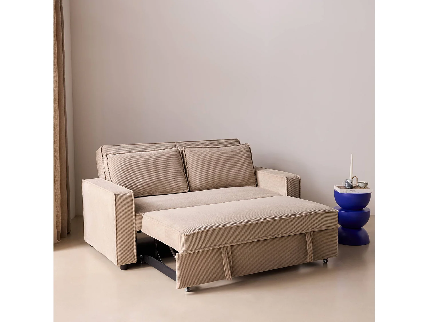 Sofá cama de pana, 2 plazas beige