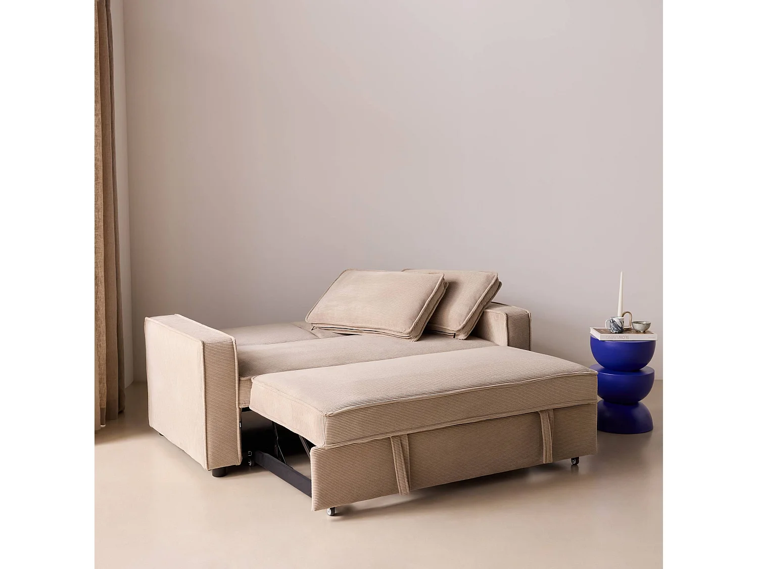Sofá cama de pana, 2 plazas beige