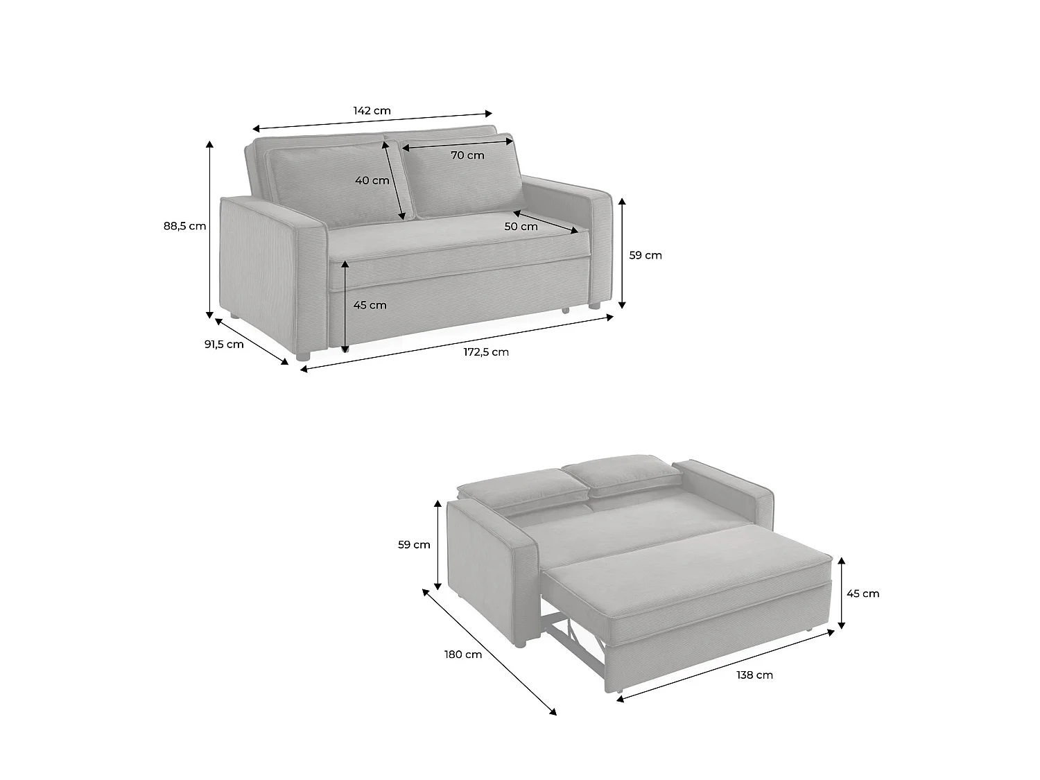 Sofá cama de pana, 2 plazas beige