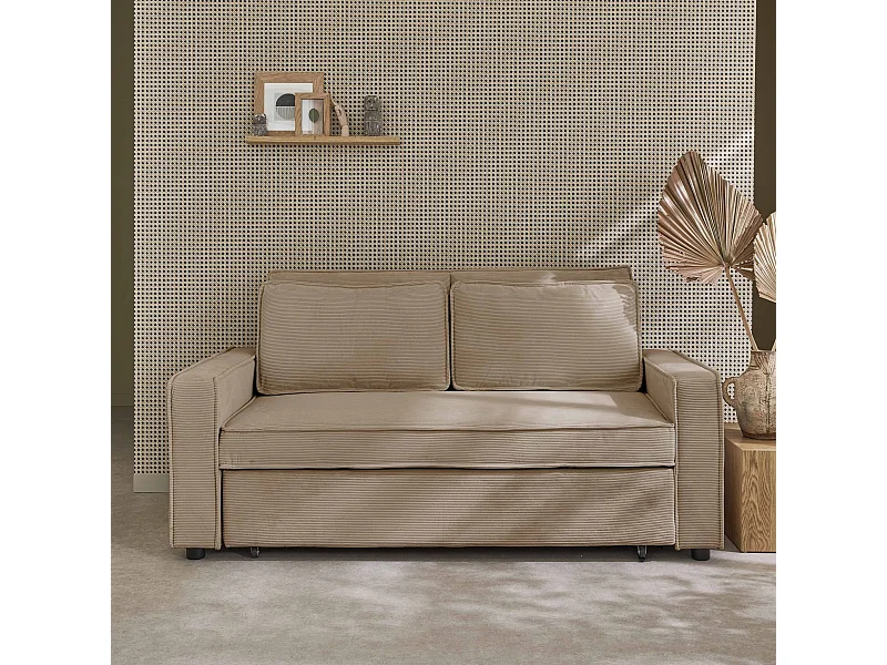 Divano letto a 3 posti in velluto a coste, beige
