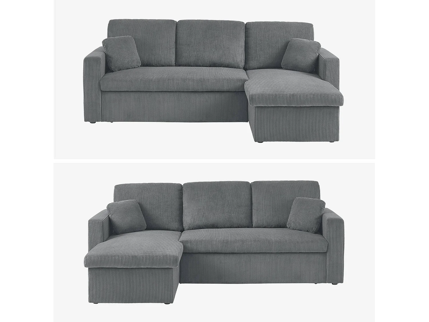 Canapé d'angle convertible et réversible. velours côtelé grosse côte gris foncé. 3 places