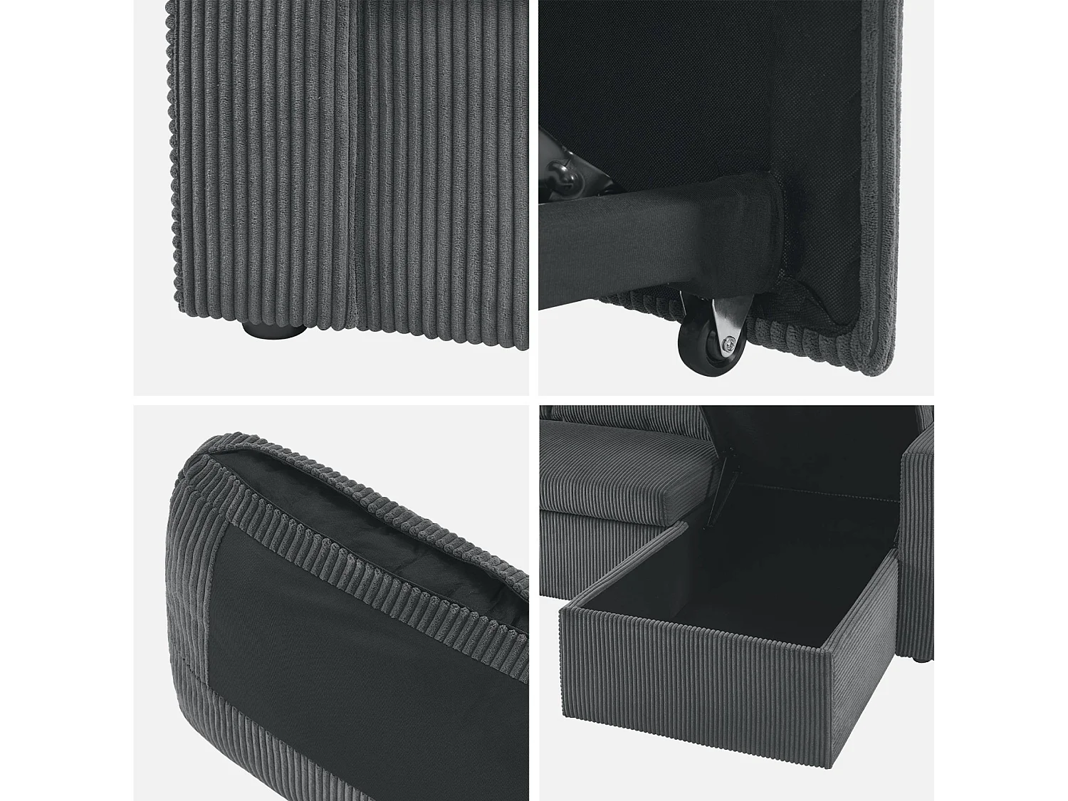 Canapé d'angle convertible et réversible. velours côtelé grosse côte gris foncé. 3 places