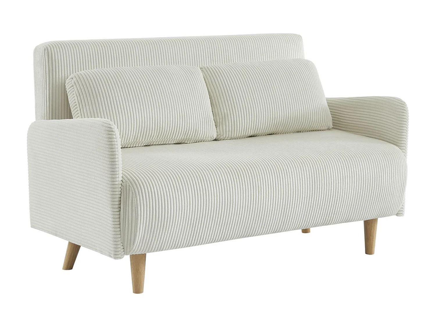 Canapé convertible en velours côtelé - Panam - 2 places scandinave. pieds bois. blanc. banquette. dossier inclinable