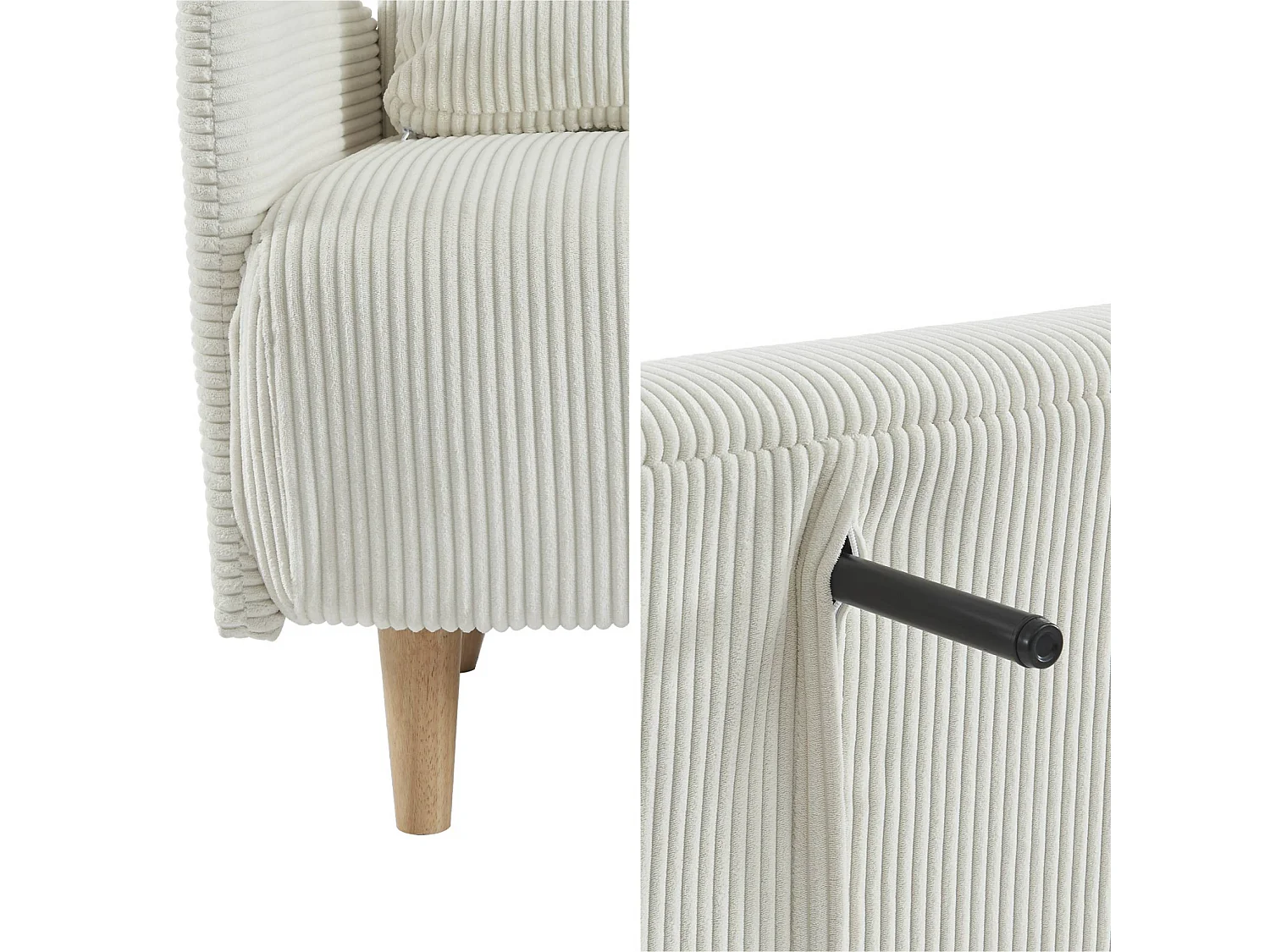 Sofá cama de pana de 2 plazas con patas de madera blanco