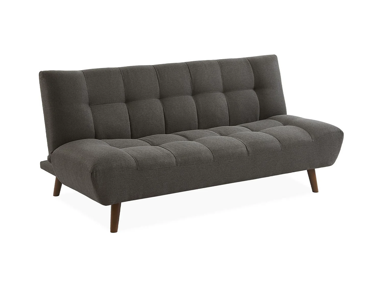 Canapé 3 places banquette clic clac. convertible. en tissu gris foncé et pieds bois couleur noyer