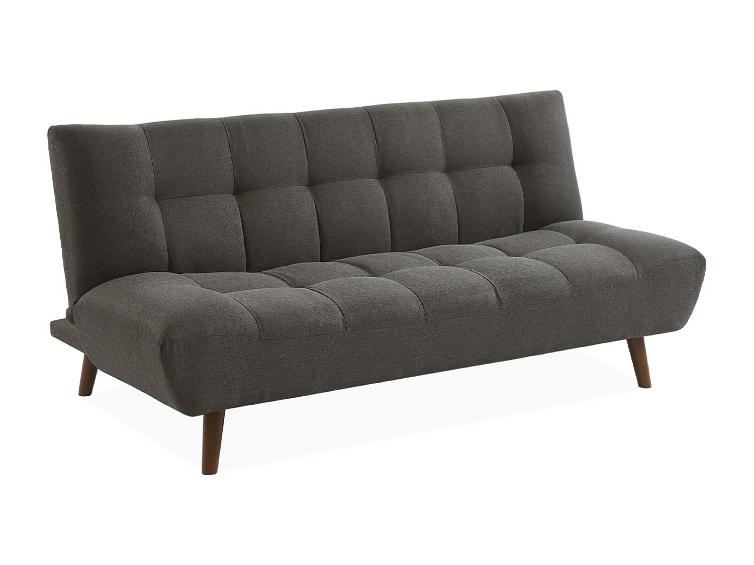 Canapé 3 places banquette clic clac. convertible. en tissu gris foncé et pieds bois couleur noyer