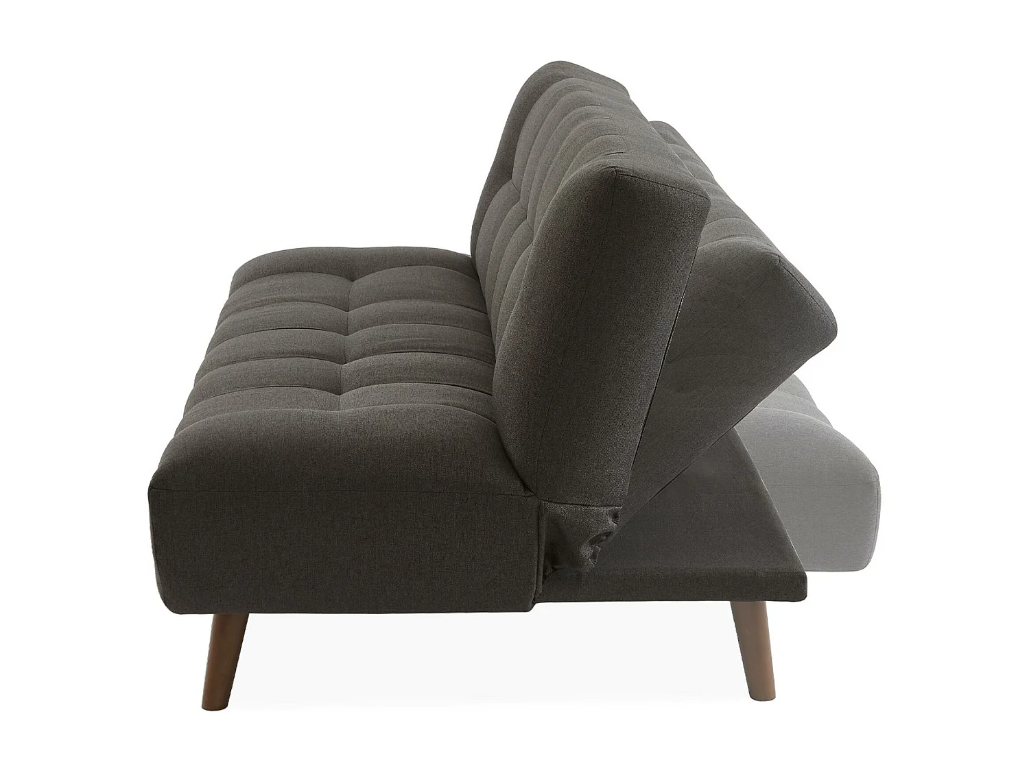 Canapé 3 places banquette clic clac. convertible. en tissu gris foncé et pieds bois couleur noyer