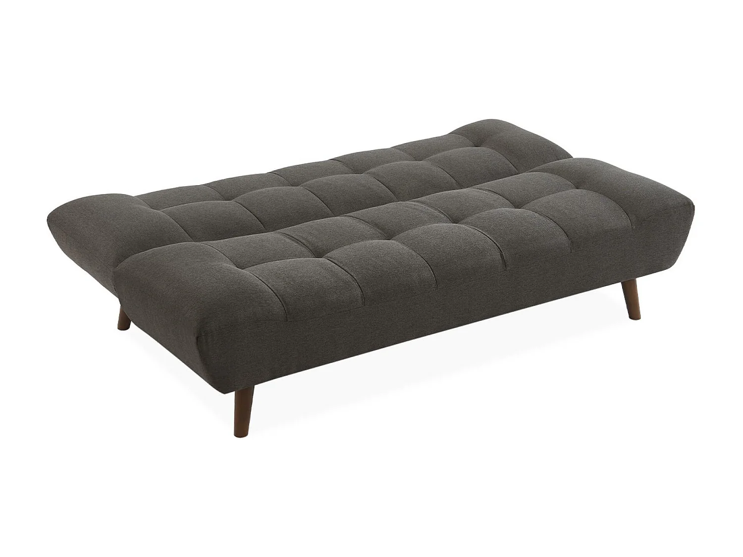 Canapé 3 places banquette clic clac. convertible. en tissu gris foncé et pieds bois couleur noyer