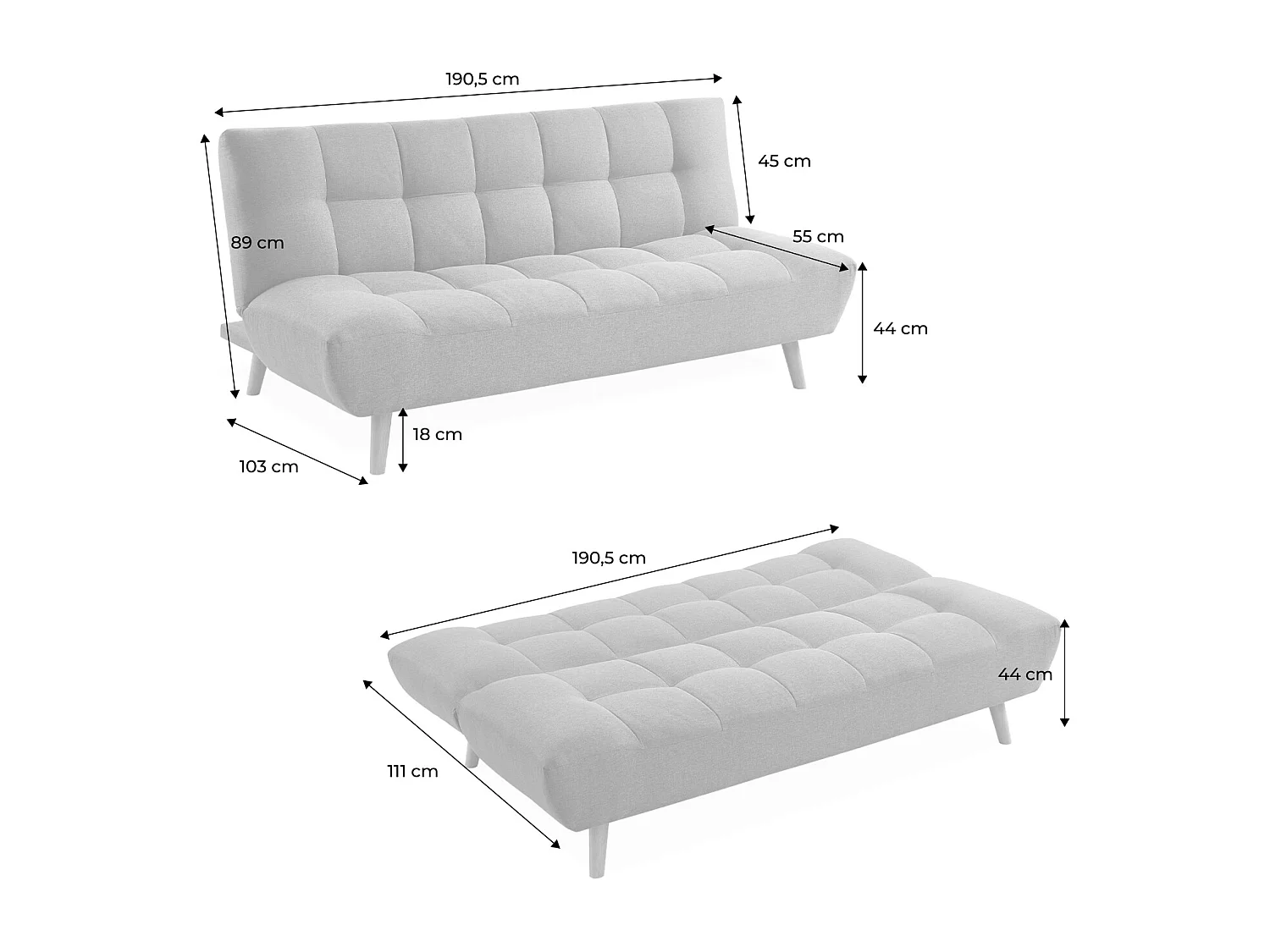 Canapé 3 places banquette clic clac. convertible. en tissu gris foncé et pieds bois couleur noyer