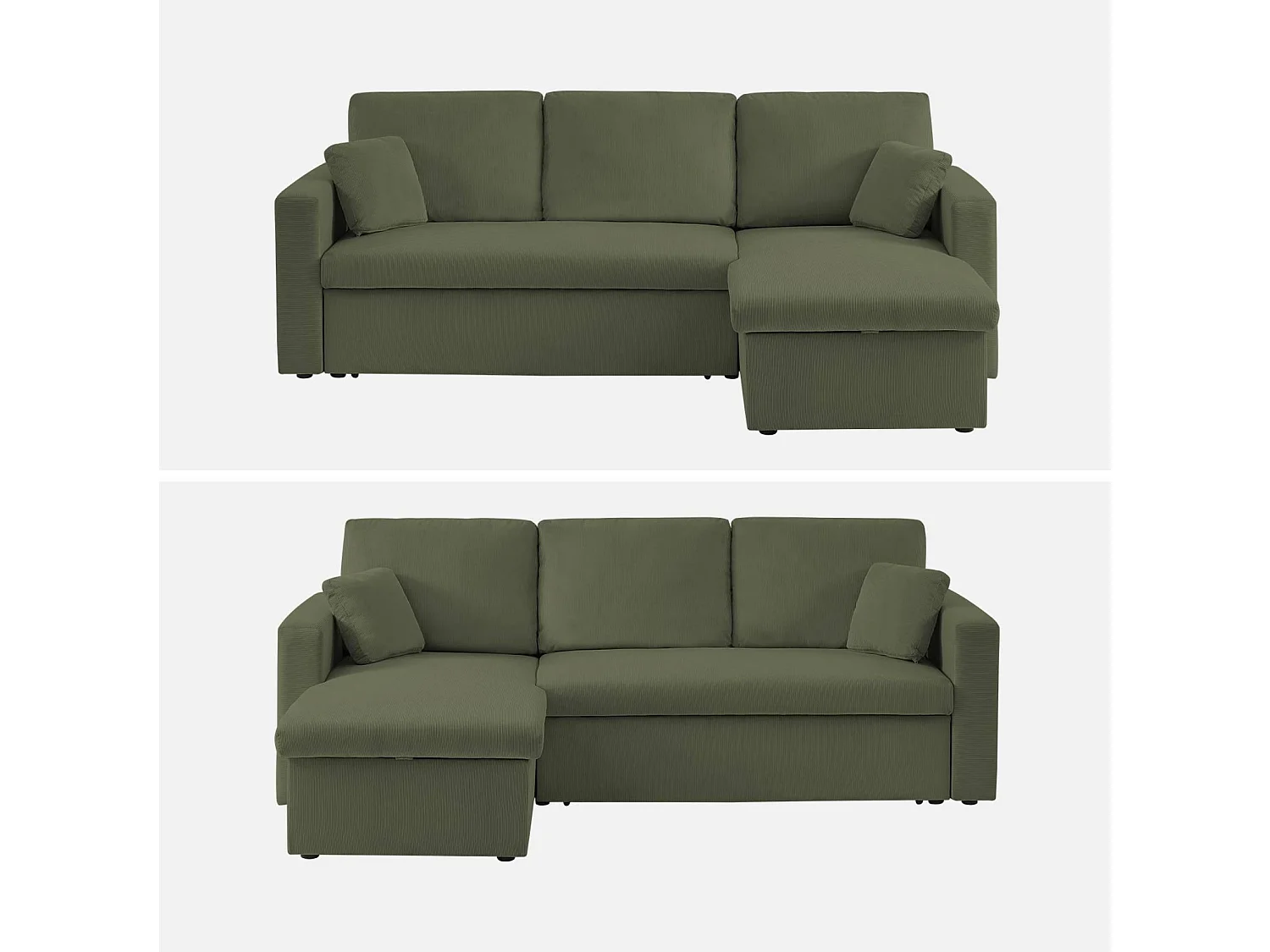 Canapé d'angle convertible en velours côtelé kaki foncé- IDA - 3 places. fauteuil d'angle réversible coffre rangement lit modulable